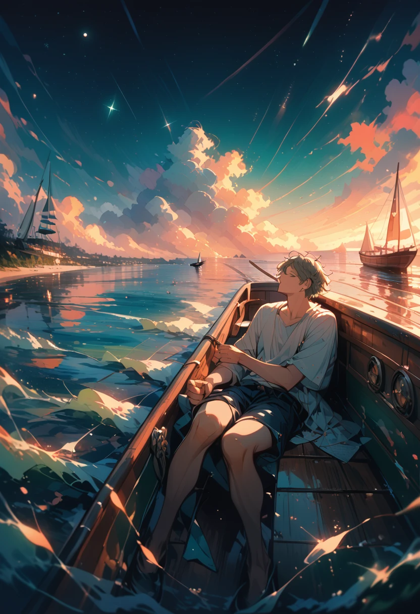 Boy sitting in a boat, sword in hand, e.g, loneliness, a high resolution, Sea of Stars, perspective, romance, smallness