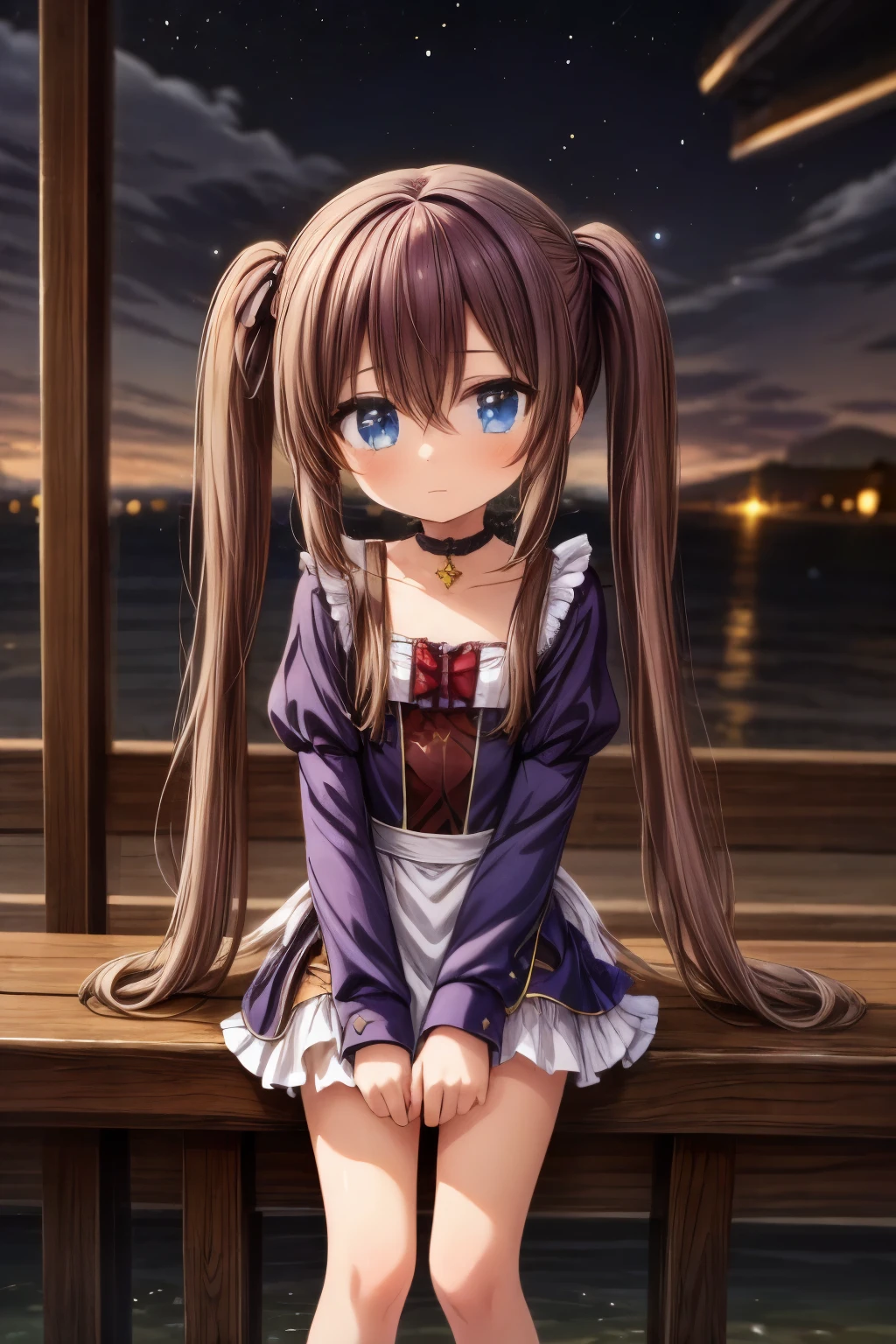 girl, located in the corner, looking at the sky, solo, Mona (Genshin Impact), choker, hair between eyes, star (symbol), long hair, dark purple hair, twintails, blue eyes, shining eyes, jewelry, witch, maid, bangs, purple black dress, purple skirt, white apron, landscape, night sky, star (sky), starry sky, night, outdoor, clouds, reflection, water, magic, tarot, water magic, ((beautiful golden crystal star)), space, water droplets, splash