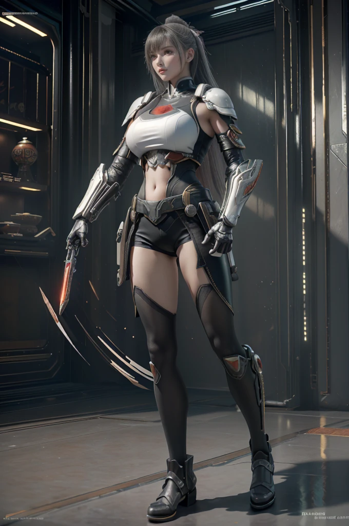 physically-based rendering, (girl alone:1.5), (muscular body),(huge fake breast:1.5), street city, slim waist, big buttocks, (Full body:1.3), standing, skintight leggings, (wearing futuristic mecha armor full set crop top:1.5).