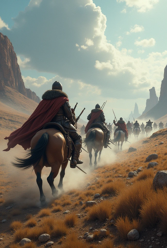 there are many people riding horses in a field with a lot of people, concept art futuristic norse, photo of genghis khan, in screenshot from the 300 movie, flat matte painting, faroe, women fighting men, epic diptych, cgsociety award, by John Laviers Wheatley, drogon, scottish highlands