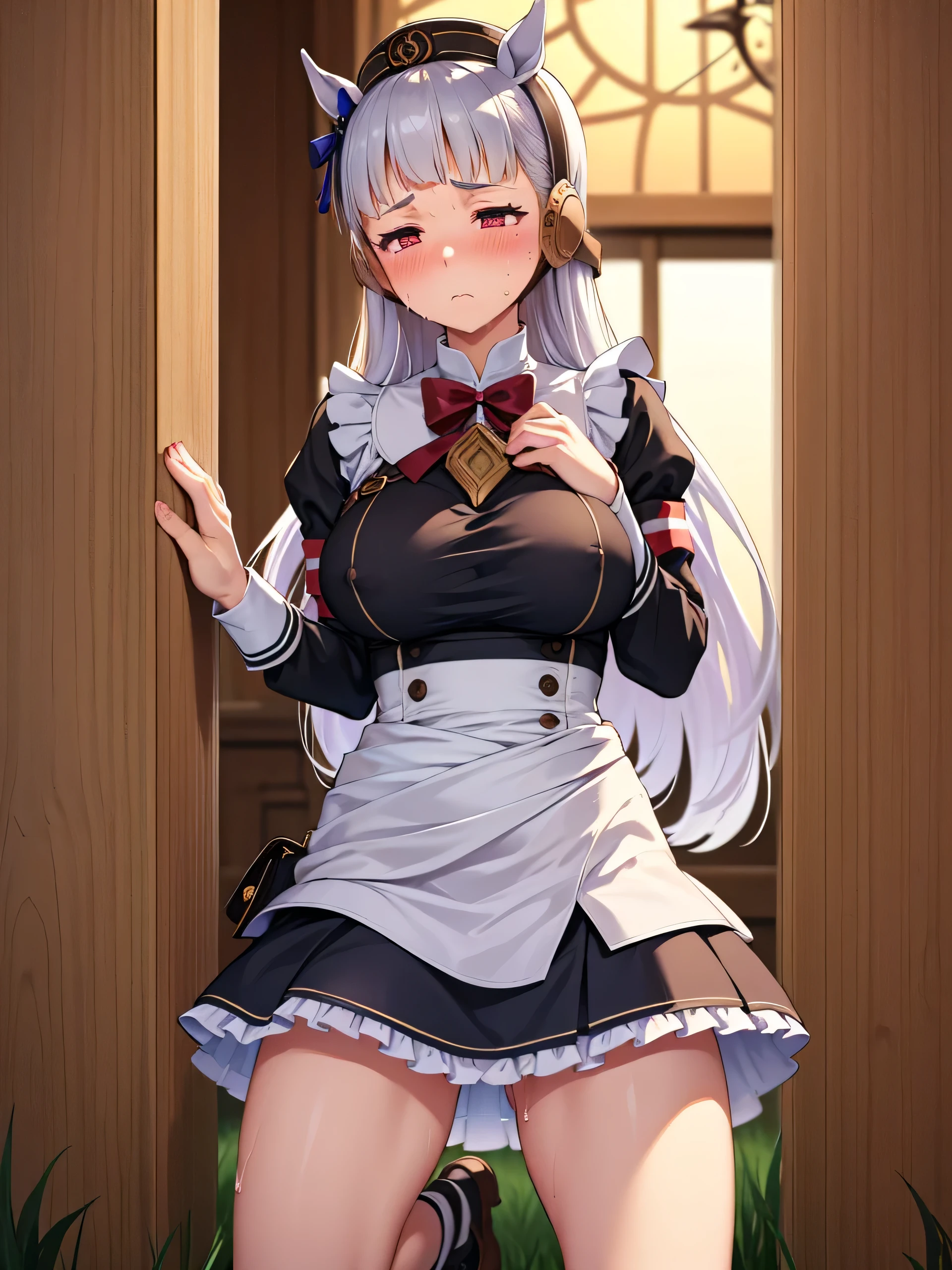 highest quality、masterpiece、((1 girl:1.5))、((smile:1.3))、(blush:1.4)、Black Shirt、blouse、((fun!!))、(Small breasts)、()、Blonde、(Long sleeve)、((White apron:1.5))、((Maid))、((hair ornaments)),、Kamimei、look at me、 ((in house:1.5))、 Taking a break from watching the audience、Cowboy Shot、((Shaved:1.5))、(Roll-up skirt:1.3)、(Fully exposed and highly detailed labia:1.5)、((Skirt lift:1.5)),()、(long hair)、、(スカート that rolls up:1.3)、()、Light blue eyes、long hair、Glowing Eyes