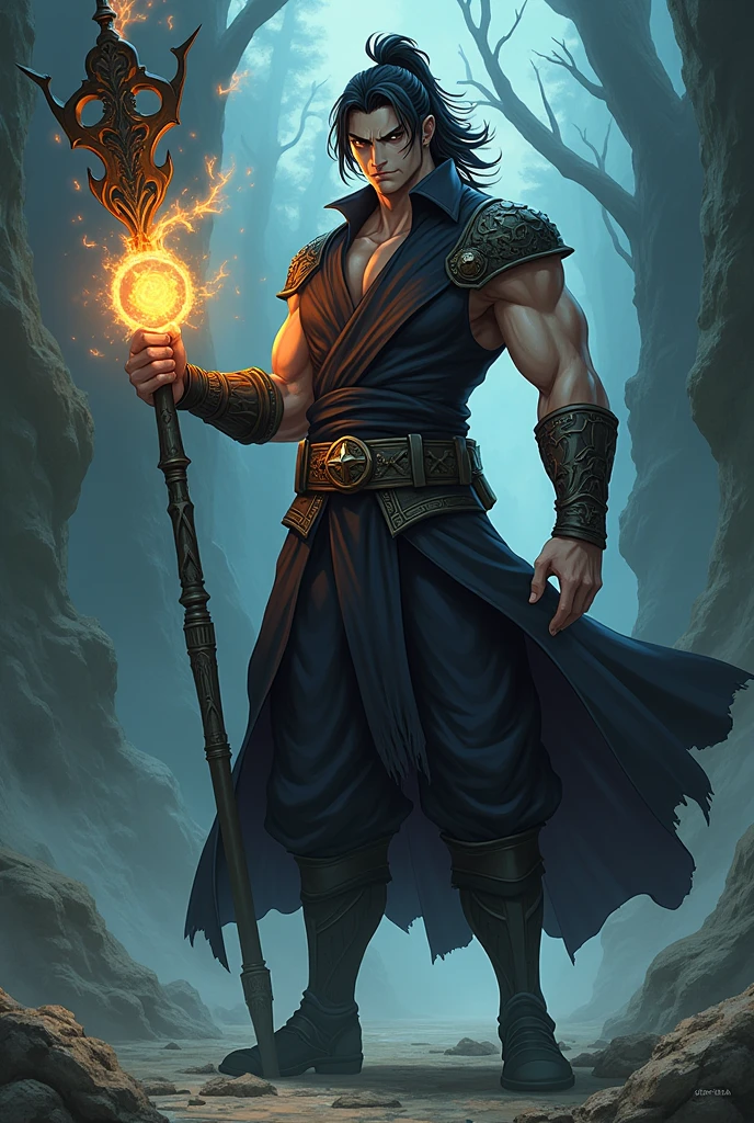 a muscular handsome young wizard, extremely detailed face, short hairstyle, looking at the viewer majestically, sapphire blue robe, sapphire crystal wand, sexy look, wizard hat, smooth skin, standing on a lake, doing water magic,