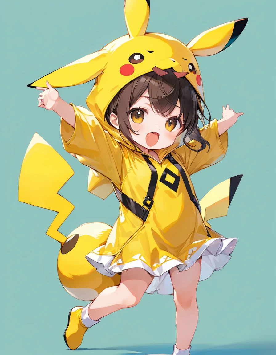 (Highest quality,Extremely detailed depiction,Incredible high resolution),Deformed Character,Child wearing a Pikachu costume:1.3,Arms raised pose,Mouth open,