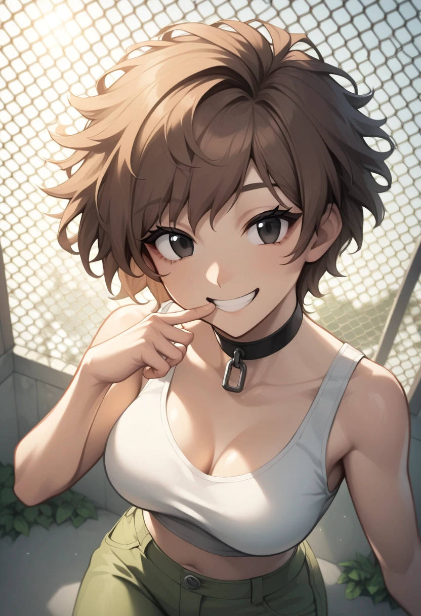masterpiece, best quality, highres, 1girl, HikariDigi02, brown hair, yellow shorts, pink and white top, pink gloves, hair clip, <lora:yagamiHikariDigimon02:0.9>, IncrsHeadpatPOV, headpat, pov, angry, <lora:headpatPOV_v2:1>