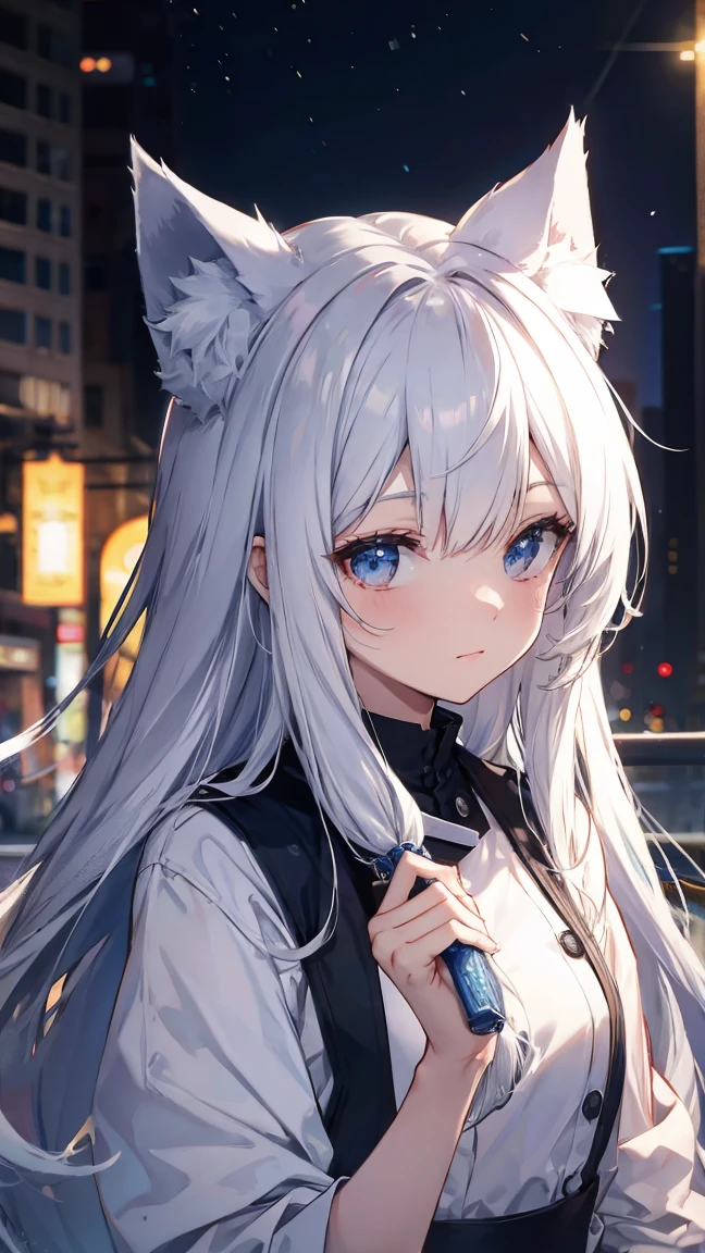 Highest quality,Silver Hair,Fox Ears,Fox's Tail,blue eyes,Very long hair,Straight Hair,Seaside,Jiangshi,Slender,