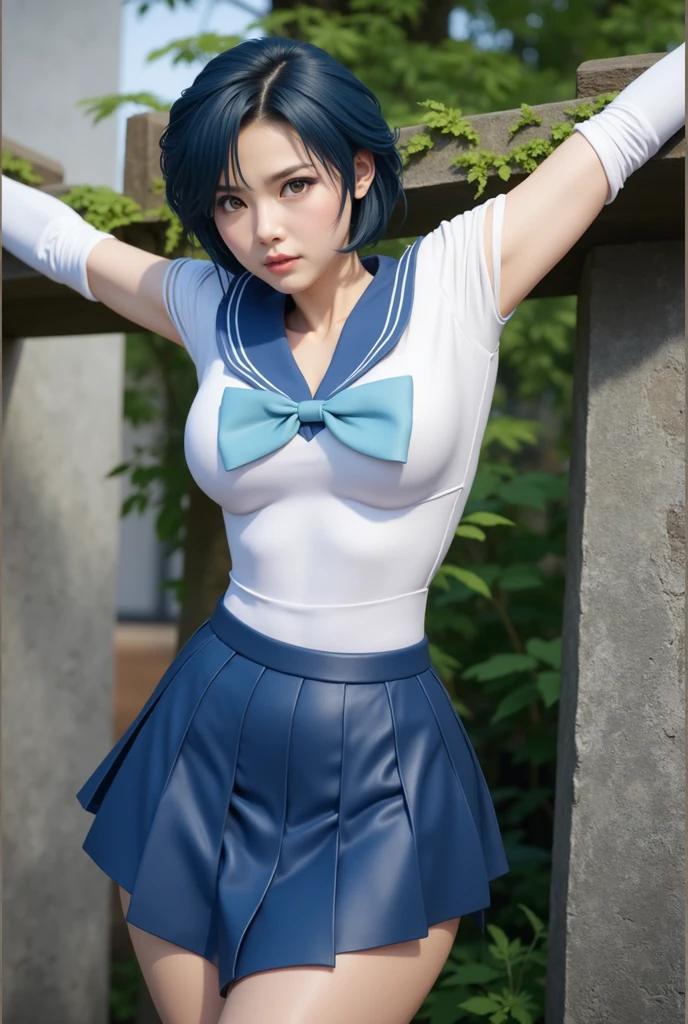 Masterpiece, highest quality, Ultra-high resolution,8K,Fine details,2.8 dimensions, Show more1, tiara, Sailor Warrior Uniforms, Blue Skirt, Blue sailor collar, tiara, bow, Knee Boots, choker, White gloves, blue choker, elbow gloves, jewelry, Earrings, Pleated skirt, Cowboy Shot, Outdoor,Embarrassed face,Very large breasts,Big Breasts,Small Ass,Thin legs,Lustrous skin,Sexy pose,Show your side,Sitting(Crouch,Camel Toe,Splits),Showing off panties,Pee(Water is coming out of the crotch),Soaked with sweat