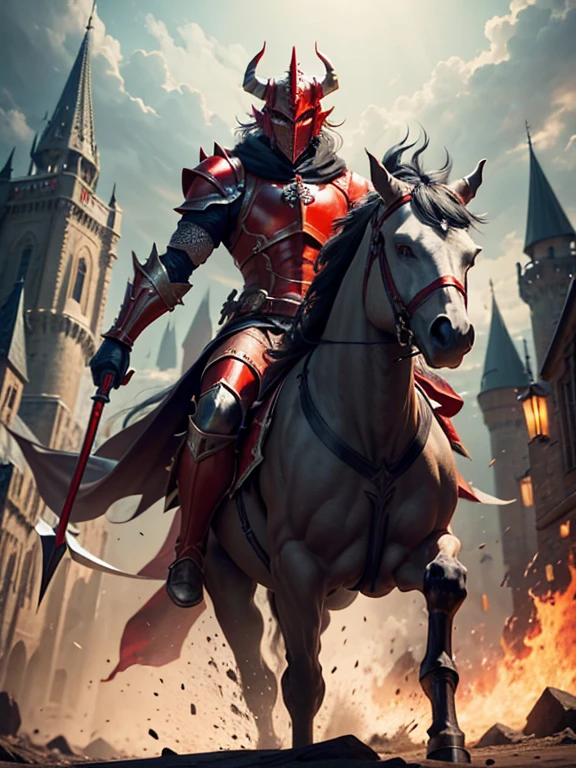 um cavaleiro com armadura brilhante, montado em um (((cavalo vermelho ))). A Horseman of the Apocalypse holding a sword in a Scale Hand, in battle position.