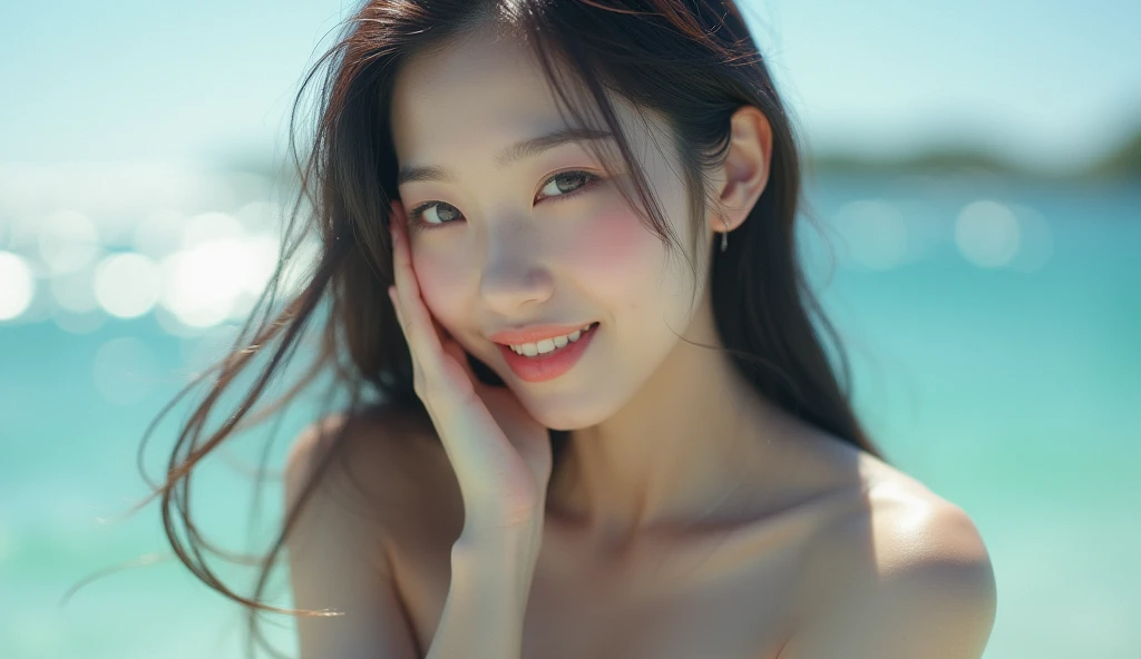 (8k, Highest quality, masterpiece:1.2), (Realistic, Realistic:1.37), Super detailed, 1 girl,cute,alone,Beautiful and detailed sky,(blush),(smile:1.15),Small breasts,Beautiful and beautiful eyes,(Long Hair: 1.2),Floating Hair NovaFrogStyle, Upper Body, Tank top toothy smile,High resolution, Anatomically correct, Highest quality, Very detailed, Textured skin, High-resolution model, A gentle breeze blows, Soft look