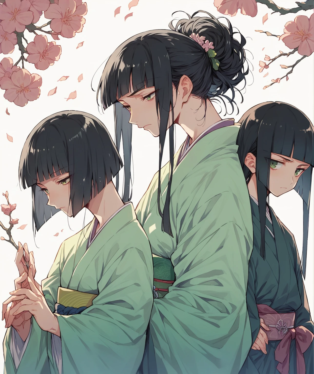 high quality, high resolution, 1 girl,  girl, (Long black hair, Ishida Sui with black hair, Kurohime cut hair:1.3),　Green and pink noble kimono from the Heian period,　Women&#39;s kimono with family crest, Anime characters, round face, Noh mask, Eyelashes on the outer corners of the eyes,