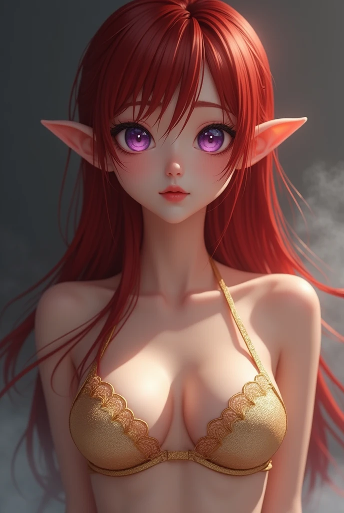 ((best quality, masterpiece, 4k, Best anatomy)), moody lighting, beautiful elf woman, ((crimson red hair)), ((very long hair)), perfect face, innocent smile, sparkling eyes, ((blue gray eyes)), ((naked)), (()), ((slender)), ((flat chest)), ((18 years old)), skindentation, extreme detail, attractive oval face, pink lips, pink nipples, glossy skin, detailed hair, face focus, close-up chest, gold ornamental necklace, earrings, ((1 girl)), blush, embarrassed expression,