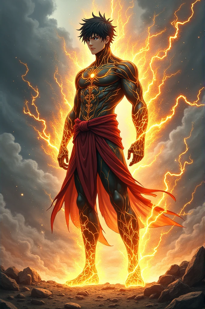 Shirtless black man with defined body,white hair and white eyes emanating an aura in drawing 