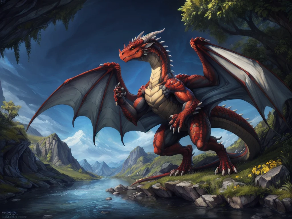 (((((sfw))))), a feral dragon on a riverbank, valacirca,dragon,solo,raised arm,partially submerged,(beautiful yellow eyes,yellow iris,red sclera,black pupils),(feral,quadruped),scalie, membrane (anatomy), hi res, claws,toe claws, mouth closed,scales,wings,membranous wings,(hdr,ambient light, Indirect light,specular lighting,Volumetric lighting,global illumination,raytracing,Lumen Reflections),Insanely Detailed,high quality, outdoors,river,riverbank,rock,detailed background, ultra realism shading,realistic, photorealistic,cinematic lighting, by chung0 0, by null-ghost, by littleblackalas, by [bakemonoy|darkgem|mystikfox61|nurinaki], by narse, by thesecretcave, by tojo the thief,by redraptor16,rembrandt,by qwertydragon,by neverneverland,by blotch,by zyria, by etheross, by zackary911, by redishdragie