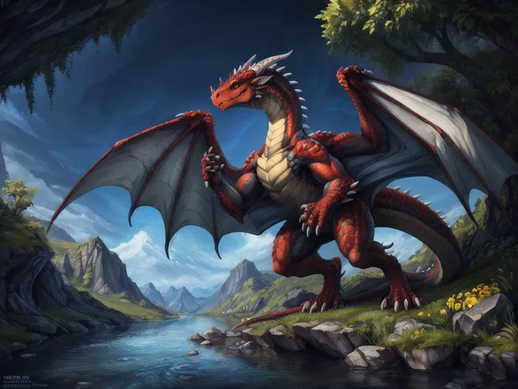 (((((sfw))))), a feral dragon on a riverbank, valacirca,dragon,solo,raised arm,partially submerged,(beautiful yellow eyes,yellow...