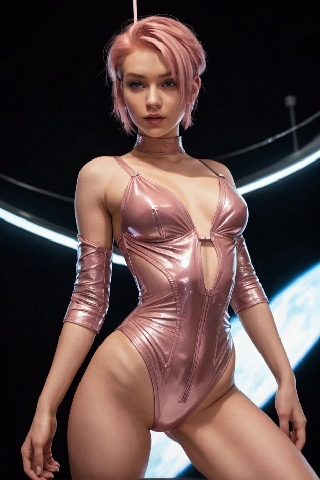 The performer, sporting short pink hair and wearing a futuristic, form-fitting bodysuit with neon accents, gracefully poses in a suspended aerial hoop. The setting is dark, a cosmic backdrop illuminated by subtle and strategic lighting that highlights the graceful lines and intricate details of the outfit. The overall atmosphere is dynamic and otherworldly, with the subject's pose exuding power and elegance.