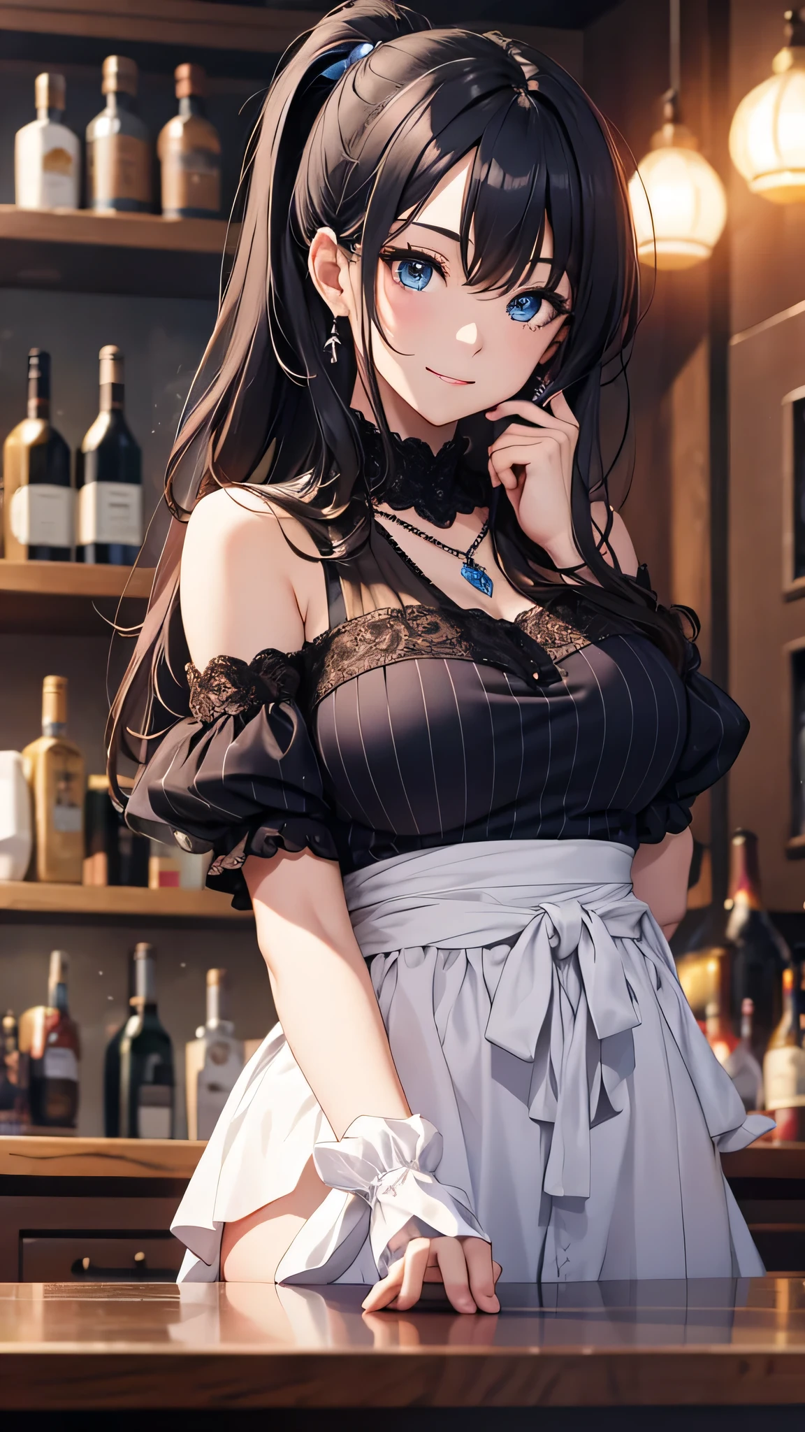 Beautiful attractive woman in blue dress sitting in bar, Gorgeous young woman, Beautiful young woman, Elegant woman, Beautiful Girl, elegant smiling pose, Beautiful woman, gorgeous model, sexy dress, cleavage, stunning elegant pose, Beautiful Girl, Cute elegant pose, with a seductive smile
