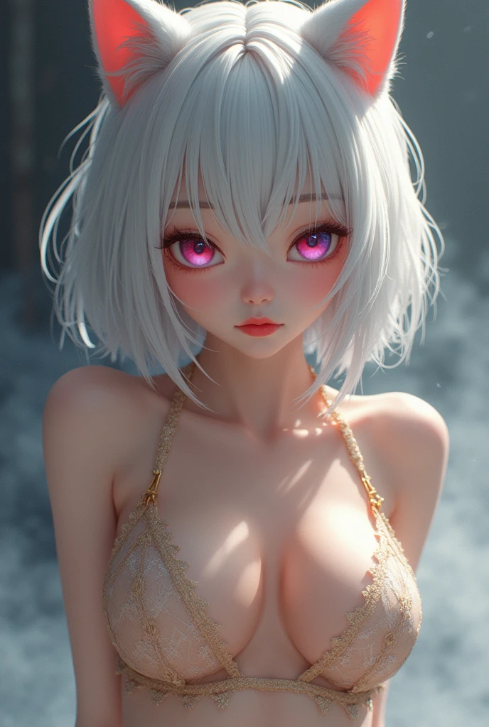 (masterpiece), anime, (photo_\(medium\):1.0), by Antonio J. Manzanedo, by Jeremy Lipking, onsen, striped bikini, white hair, red eyes