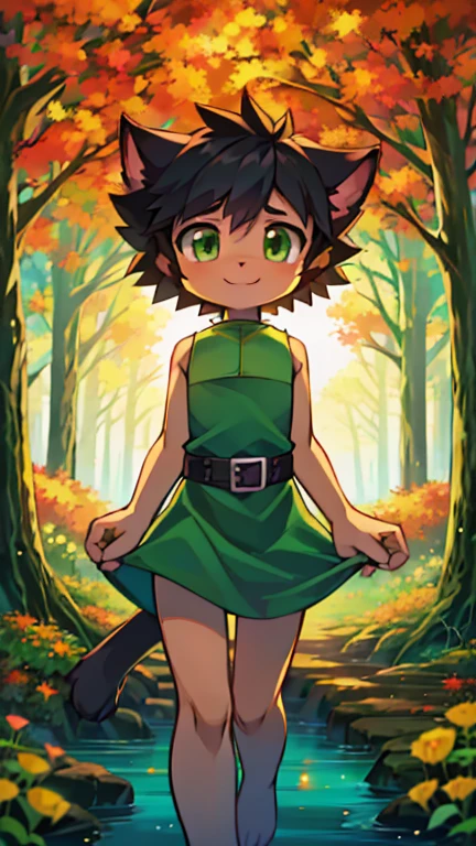 (a cat, solo, highly insanely detailed, masterpiece, top quality, best quality, highres, 4k, 8k, RAW photo),((innocent look)),((Childish)),From the front, symmetrical composition,smile,cute,Innocent,Kind eyes,Flat chest,digimon,forest, autumn, (buttercup), (black hair, green eyes, short hair, messy hair)
(dress, light-green sleeveless dress, simple black belt)