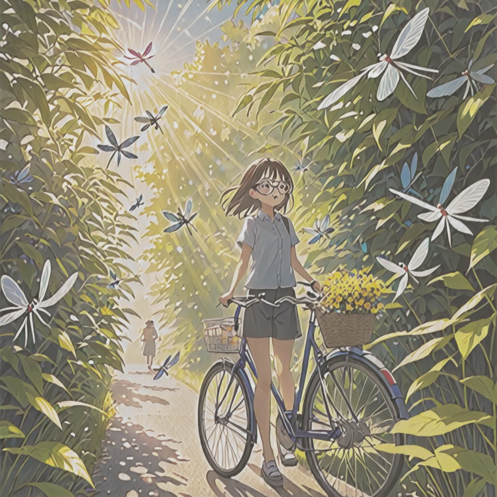 Summer in Japan、End of Summer、Lots of dragonflies、Soft sunlight、bicycle、Girl with glasses