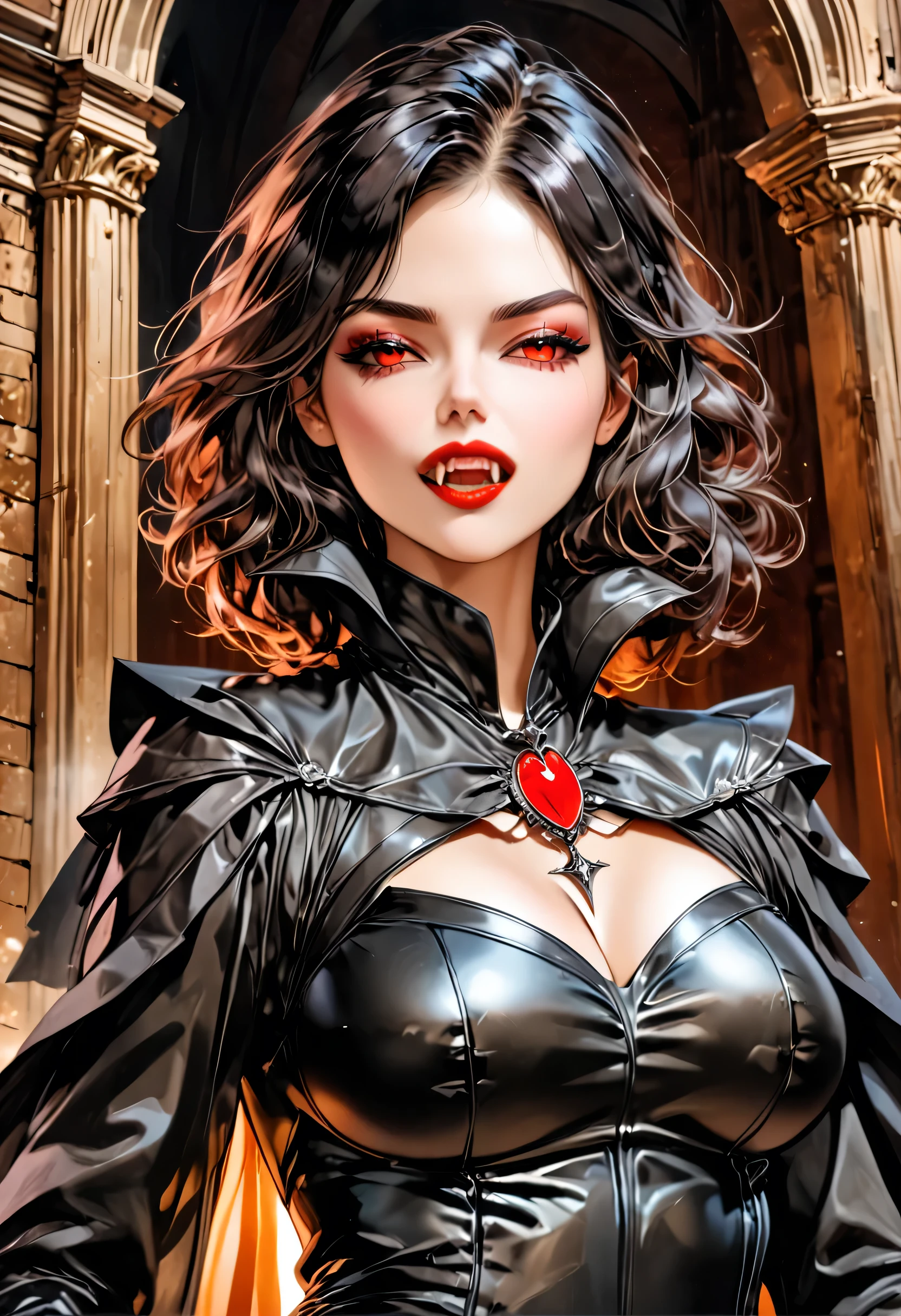 a comic fantasy art of a female vampire wearing black leather dress that has  ((full body: 1.5)), exotic beautiful female vampire l((anatomically correct: 1.5), (ultra detailed face: 1.2), best detailed face, busty, dynamic hair color, dynamic hair style,  ((black leather dress: 1.5)), intricate leather dress, glam leather dress, wearing high heeled boots, catholic church background, vibrant, Hyperrealism style, vibrant, Ultra-high resolution, High Contrast, (masterpiece:1.5), highest quality, Best aesthetics), best details, best quality, highres, ultra wide angle, 16k, [ultra detailed], masterpiece, best quality, (extremely detailed) RAW, NRART, vampire teeth