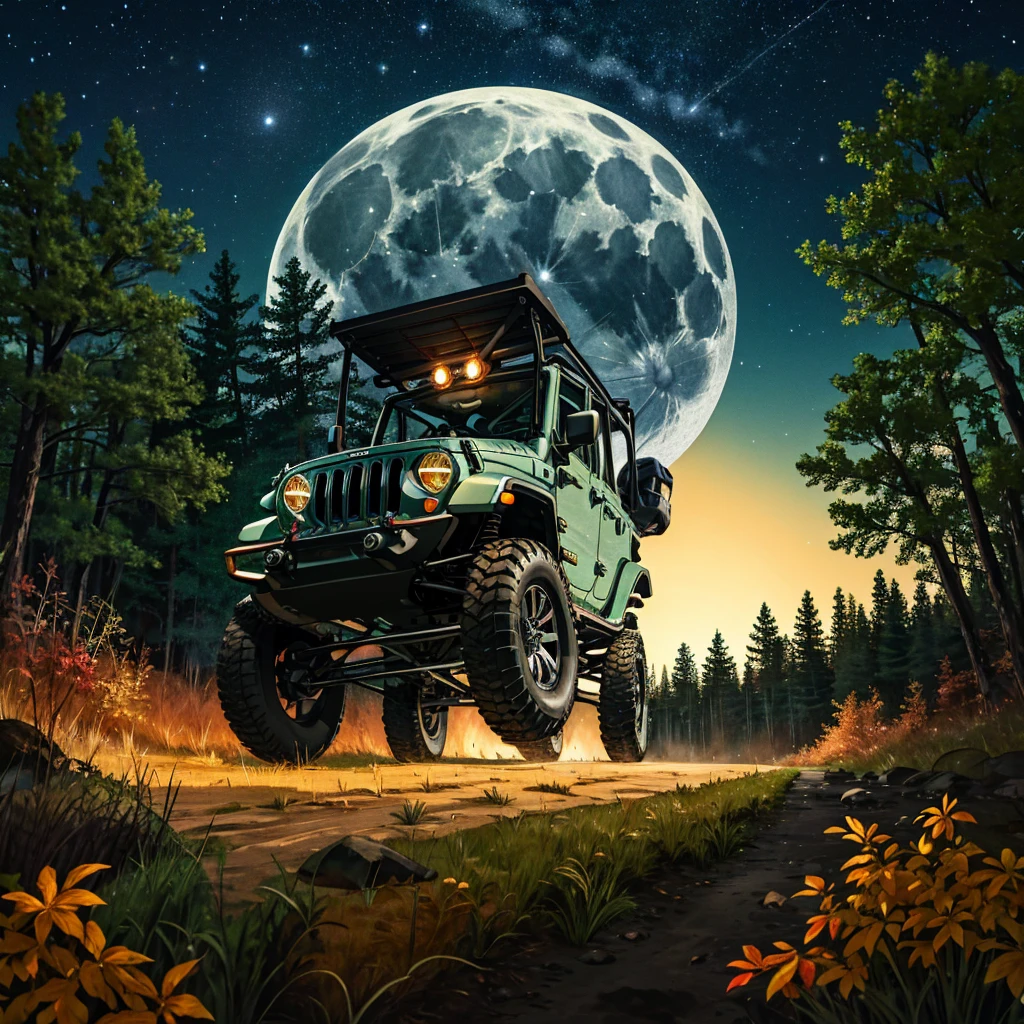 4-door Jeep Wrangler running at the path in the forest midnight under moonlight of large full moon. it's silent night and the thick fog covers the path.