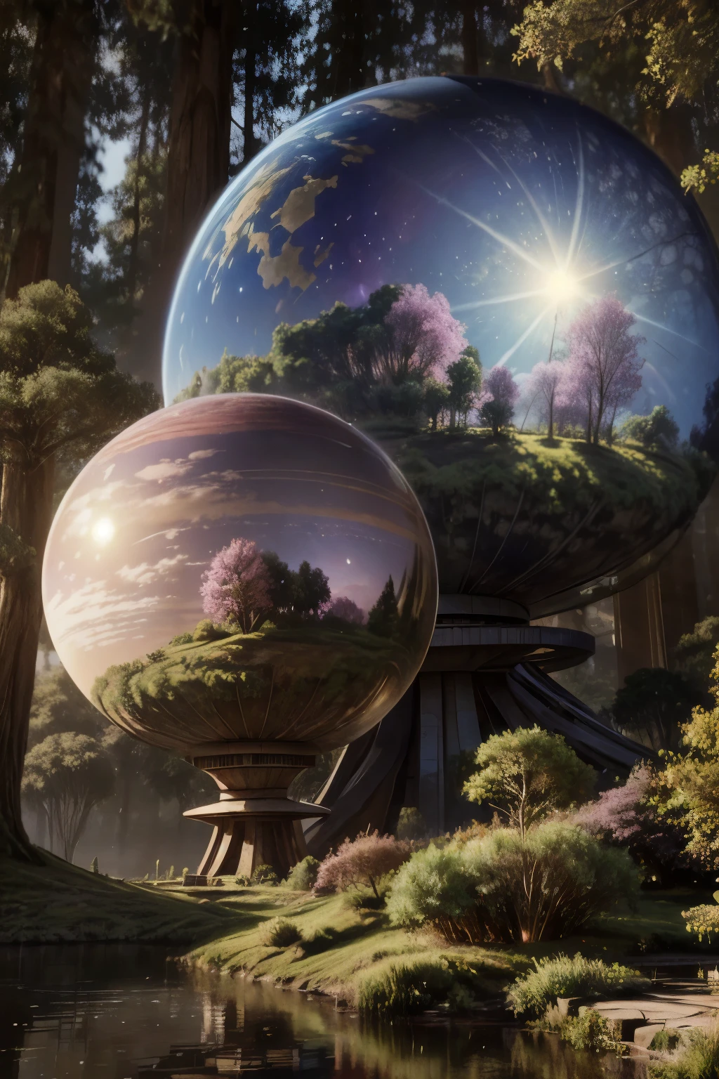 (((masterpiece))) (((best quality))) glass sphere, close-up of a planet with a bunch of trees on it, overgrown planet, green planet, fractal world, fantasy overgrown world, fantasy planet, Dyson sphere, pink planet, 3D render beeple, planetary landscape, round planet inspired by Jofra Bosschart, planet, futuristic world, psychedelic flower planets, ethereal world, (outgoing glow)