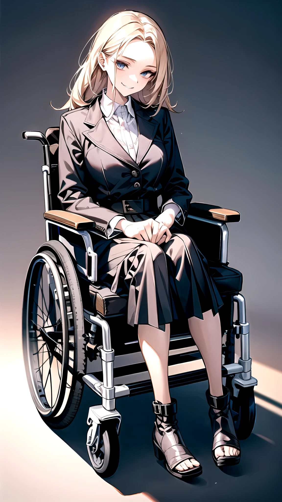 A woman in a wheelchair is sitting in front of the hospital,disabled,slender body,thin body,thin legs,Sleepy Eye,smirk,Sitting in a wheelchair,plastic leg brace,metaric leg beace,wheelchair, Boots With Brace,A 30-year-old woman,holding purse and handbag, long skirt, wide skirts, dressed in long fluent skirt, pink skirt, Elegant clothes, Elegant and graceful, midi skirt, high-waist-black-skirt, Elegant clothes, Complex Hakama, Elegant Style, wearing skirt, skirt, pleated skirt, Narrow waist Wearing spectacular bionic implants, A wonderful masterpiece, A wonderful masterpiece, Wearing bionic implants,braced legs, artificial, A stunning masterpiece.