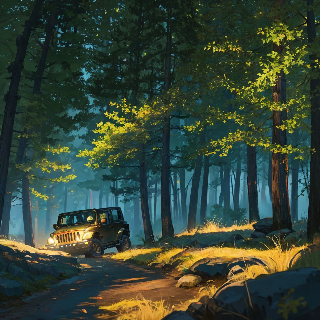 4-door Jeep Wrangler running at the path in the forest midnight under moonlight of large full moon. it's silent night and the thick fog covers the path.