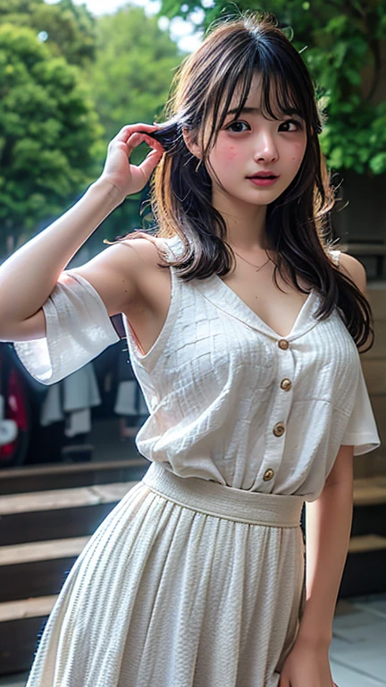 Dark brown hair、Light brown eyes、Japanese actress、 Lady、I am about 40 years old...........、(Intricate details:1.2)、 (Ultra-high resolution:1.2)、Ultra-high resolution、(Finely tuned)、(Detailed facial features)、Hmph、8K resolution、D cup size breasts、Long Hair、TulleTop、FrillsTop、Tulle Frills Top、Denim pants、At the terrace cafe、Basking in the sunshine、Sitting on a chair on the terrace、summer、hot、Trending Fashion、2024、Open your chin a little、Open your mouth a little、A street cafe in Paris、Fashionable cafes in Paris、Holding back my hair blowing in the wind、Windblown Hair、