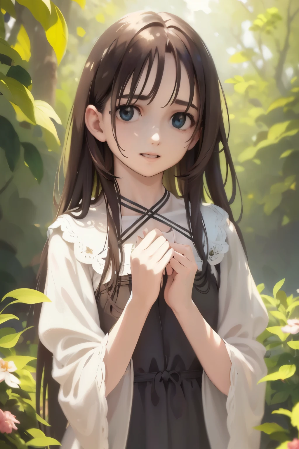 a cute, beautiful, young girl with long brown hair, large expressive eyes, a small nose, and soft lips, wearing a light blue dress, standing in a lush green garden surrounded by colorful flowers, sunlight streaming in, (best quality,4k,8k,highres,masterpiece:1.2),ultra-detailed,(realistic,photorealistic,photo-realistic:1.37),detailed facial features,extremely detailed eyes and face,longeyelashes,natural lighting,intricate details,vibrant colors,soft focus,whimsical,magical realism