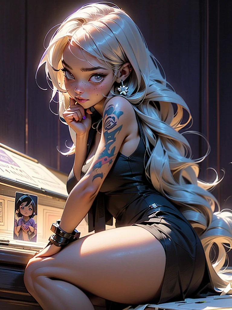 highly detailed portrait of 2 tattooed women, a black woman in a minidress and a Caucasian woman in a minidress, 2 s, por Atey Ghailan, por Greg Rutkowski, by greg tocchini, por James Gillard, por Joe Fenton, by Kaethe Butcher, voluptuous, super detailed face, wide curvy, Highly detailed accentuated big ass with phenomenal detailed butt cheeks, great aesthetics, gradient purple, neon color scheme, grunge aesthetic, nightclub background, cinematic lighting, 32 mil, ultra HD, with--9:16