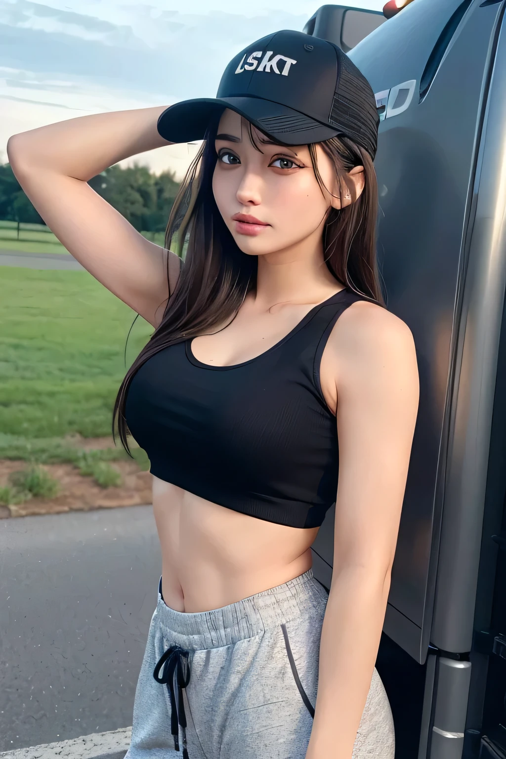 (Masterpiece, Best Quality, High Quality, 8K, UHD), a beautiful girl, s old, (wearing a deep v red tankt_top, shorts jeans, long hair, posing as a model), sitting, in a green park. beautiful face, white skin, smooth skin, ideal body, detailed face and eyes,