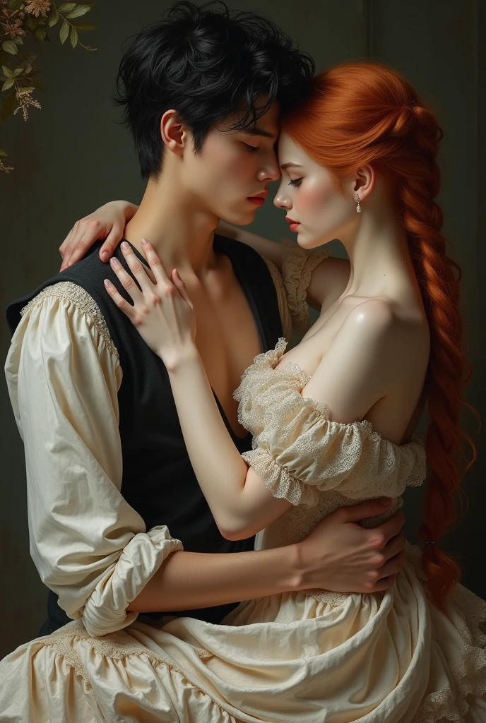ultra realistic, photography, long red hair, girl, 24 years old, hourglass figure, perfect body, Flirty look, extremely detailed artgerm, in the style artgerm, facing the camera, lens 35 mm, blur background, (Explicit content, high sexual tension, intense emotion, ultra-detailed, photorealistic, RAW, cinematic lighting, side lighting, close-up, best quality, high resolution)
In the quiet of the dimly lit room, the girl, with long, red hair cascading over her shoulders, and her lithe body clad only in a silk satin nightgown, leaned into the boy, her eyes locked onto his as they both gave into the raw, primal desire that had been building between them. The boy, with defined abs and muscular arms, ran his fingers through her hair as he kissed her passionately, their bodies meshing together in lust, he has brown hair