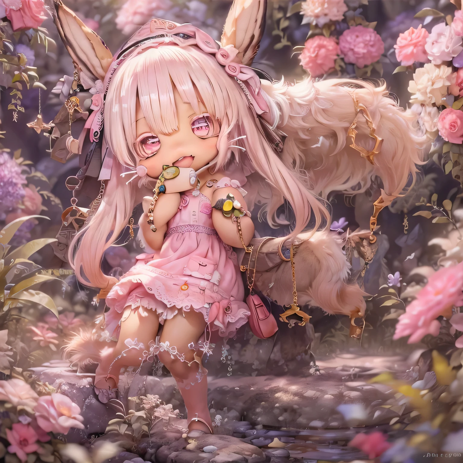 in the garden, smile, Similar to Nanachi from Made in Abyss. She is beautiful, Beautiful eyes and lips.  (((Chibi Style,))) . Image quality is excellent, Highly detailed and realistic features. The medium of this work is、Combining illustration and photorealistic rendering.. The colors are vivid、The lighting creates a warm and bright atmosphere。 whole body(((((Cute pink dress)))))Contrasting cute poses