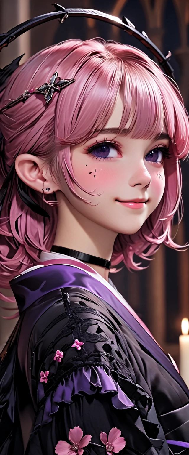 UHD, masterpiece, best quality, extremely detailed, anatomically correct, sharp focus, Midnight, gloomy atmosphere, Church, altar isle, 1girl, solo, camilavtuber, pink hair, short hair, shoulder length hair, (black head wings:1.2), (twin ponytail), dark purple eyes:1.1, (facial mark), small mouth, closed mouth, smiling, crucifix choker, black arm sleeves, slim arms, black gloves, small chest, 1 devil wing, single wing, ((dark purple gown)), frilly gown, slim legs, black stockings, (black high heels) , (close-up), innocent pose, eye-level shot, front view, innocent pose, scattered pink petals