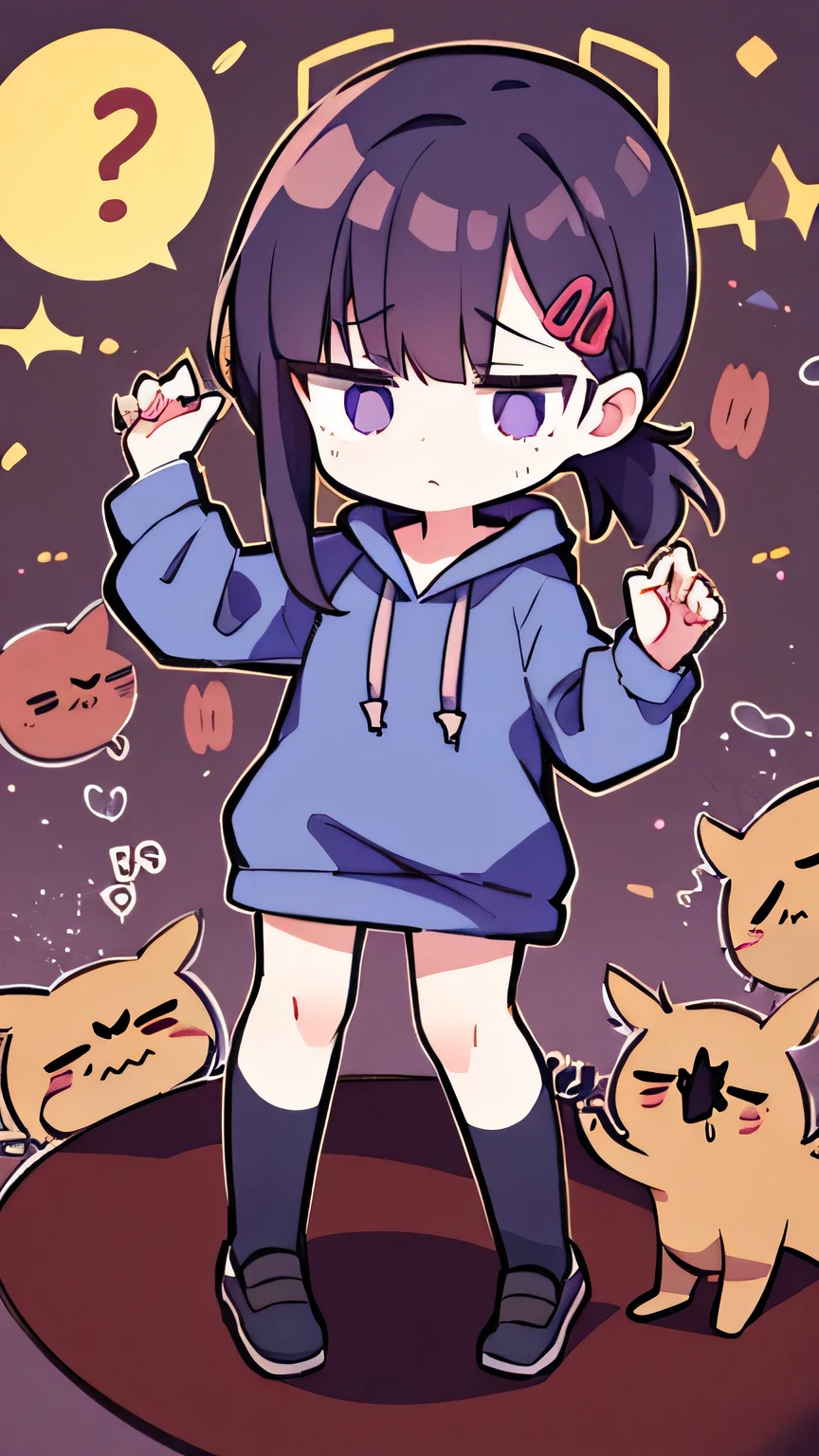 Wearing a purple hoodie、(Just bring a magic wand to go to school)、(、Body is tired and small)