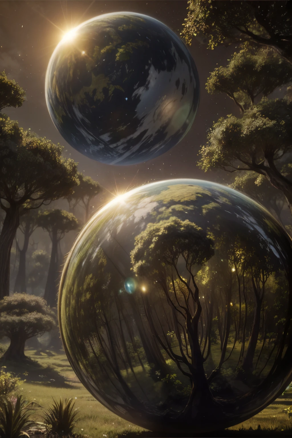 (((masterpiece))) (((best quality))) glass sphere, close-up of a planet with a bunch of trees on it, overgrown planet, green planet, fractal world, fantasy overgrown world, fantasy planet, Dyson sphere, pink planet, 3D render beeple, planetary landscape, round planet inspired by Jofra Bosschart, planet, futuristic world, psychedelic flower planets, ethereal world, (outgoing glow)