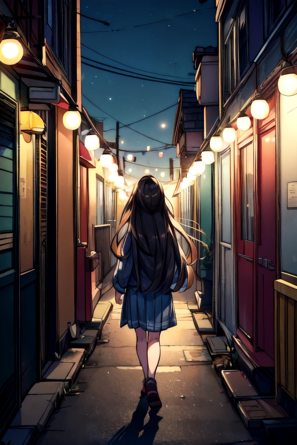 In the evening, the lights are on, the street, the traffic, the crowd, the long-haired girl walks alone