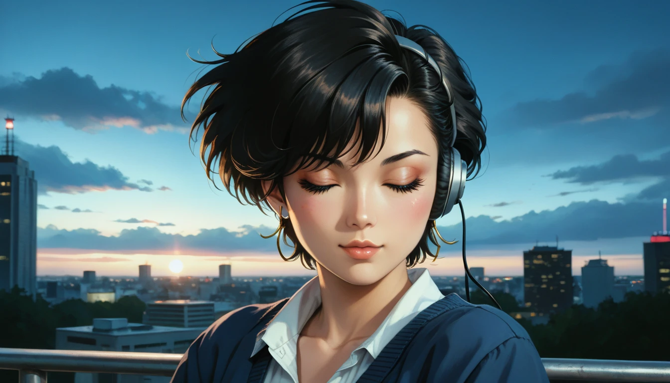 Detailed and detailed depiction, cel style, vivid details, retro anime, 90s anime, VHS picture quality, moody lighting, girl in the twilight of the night city of Tokyo, the girl wears headphones, eyes closed, beautiful black hair with short hair