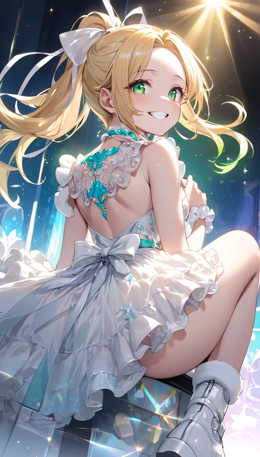 1girl, Look back, Fluffy hair, blondes, long ponytail, forehead, white ribbon, white dress with frill and blue jwel, back, White ribbon on chest、white wrist cuffs, thighs, white boots with pink shoestring, white choker, Sparkling green eyes, is, Transparent white skin、(Grin)、Detailed Pretty Dresses, (Angle from back and below), A colorfully lit live stage、(facesitting), 1boy, 1penis, the boy is lying under the girl, the girl is sitting on his face, The boy has a painful expression、(The girl holds the boy&#39;s legs under her arm), The boy is photographed from head to thigh, 