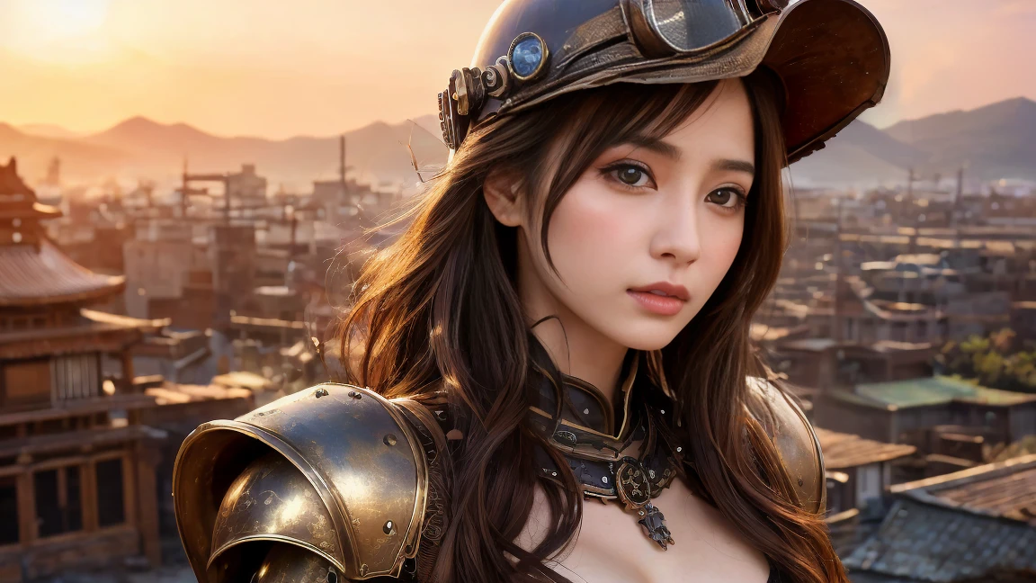 ((masterpiece, Highest quality, High resolution, 8K wallpaper incorporating highly detailed CG,Super detailed)), (Huge and stunning goddess shot, Very hot and sexy, Incredible beauty, Perfect Proportions, Beautiful body, Slim body beauty:1.3)、Japanese、Mature Woman、Beautiful Face、Beauty、Beauty、Cute woman、Alluring、Super big breasts、Cute eyes、Detailed Eyes、Brown eyes、Long eyelashes、Brown Hair、steampunk、armor、armor、Helmet、pocket、A ruined Japanese city