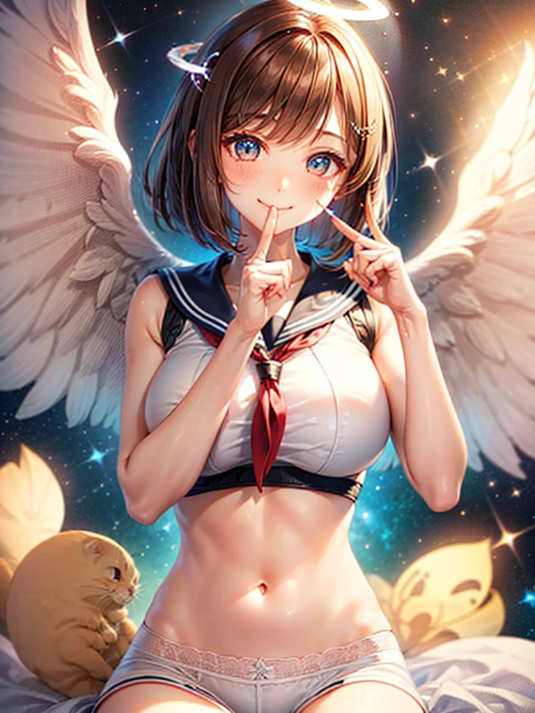 A beautiful smiling girl in a sailor suit,Halation,Cat ear,Brown hair short bob,front,Very beautiful eyes,universe,Milky Way,(((Put your finger over your mouth))),White angel wings on your back,Big Breasts,(((Halo))),