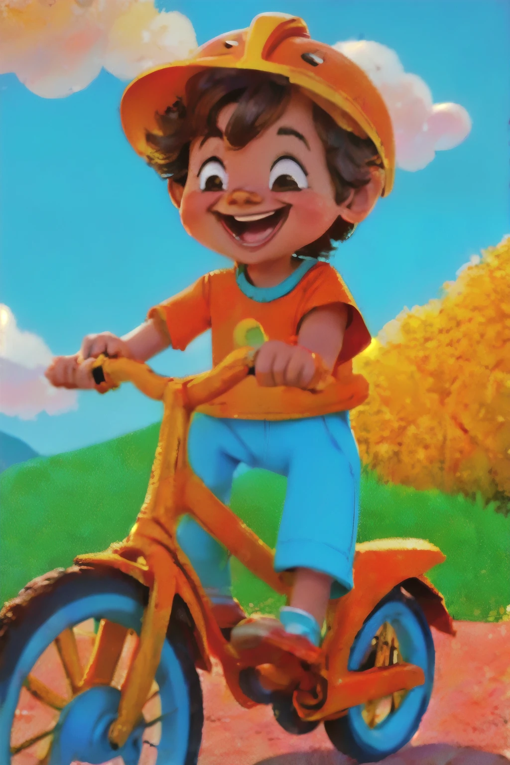 A cute illustration of a young boy riding his bright orange bicycle, smiling joyfully as he pedals through a cheerful, colorful landscape. The art style is whimsical and playful, with soft pastel colors and a cartoonish, childlike design. The boy is wearing a small helmet and casual clothes, with a sense of fun and freedom in his expression. The background features soft, rolling hills, fluffy clouds, and a bright blue sky. The scene captures the innocence and energy of childhood, with a light and happy atmosphere. natural light, 35mm photograph, film, professional, 4k, highly detailed, Golden hour lighting. Depth of field F2. Rule of Thirds Composition.
