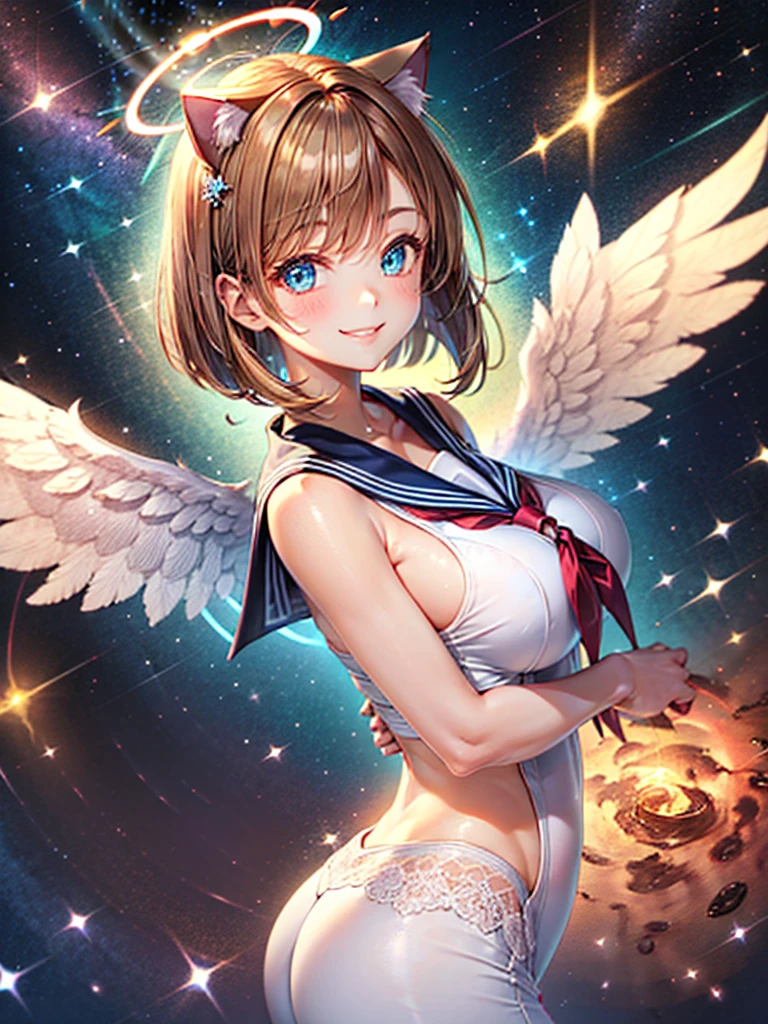 A beautiful smiling girl in a sailor suit,Halation,Cat ear,Brown hair short bob,front,Very beautiful eyes,universe,Milky Way,White angel wings on your back,Big Breasts,(((Halo))),