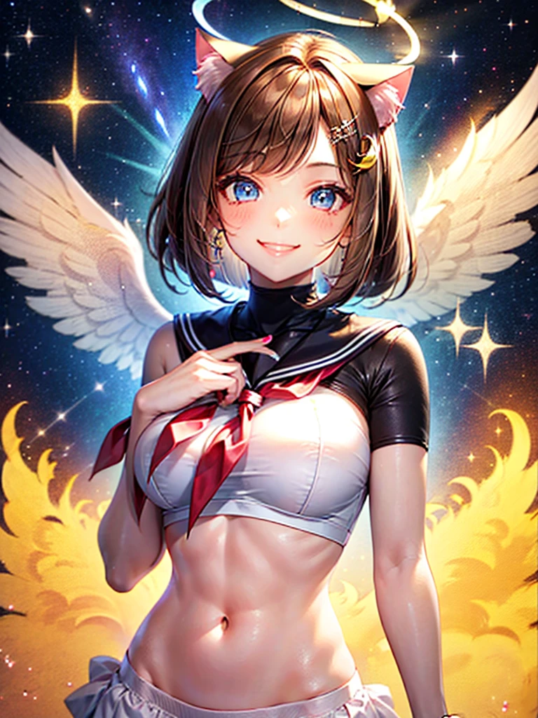 A beautiful smiling girl in a sailor suit,Halation,Cat ear,Brown hair short bob,front,Very beautiful eyes,universe,Milky Way,White angel wings on your back,Big Breasts,(((Halo))),