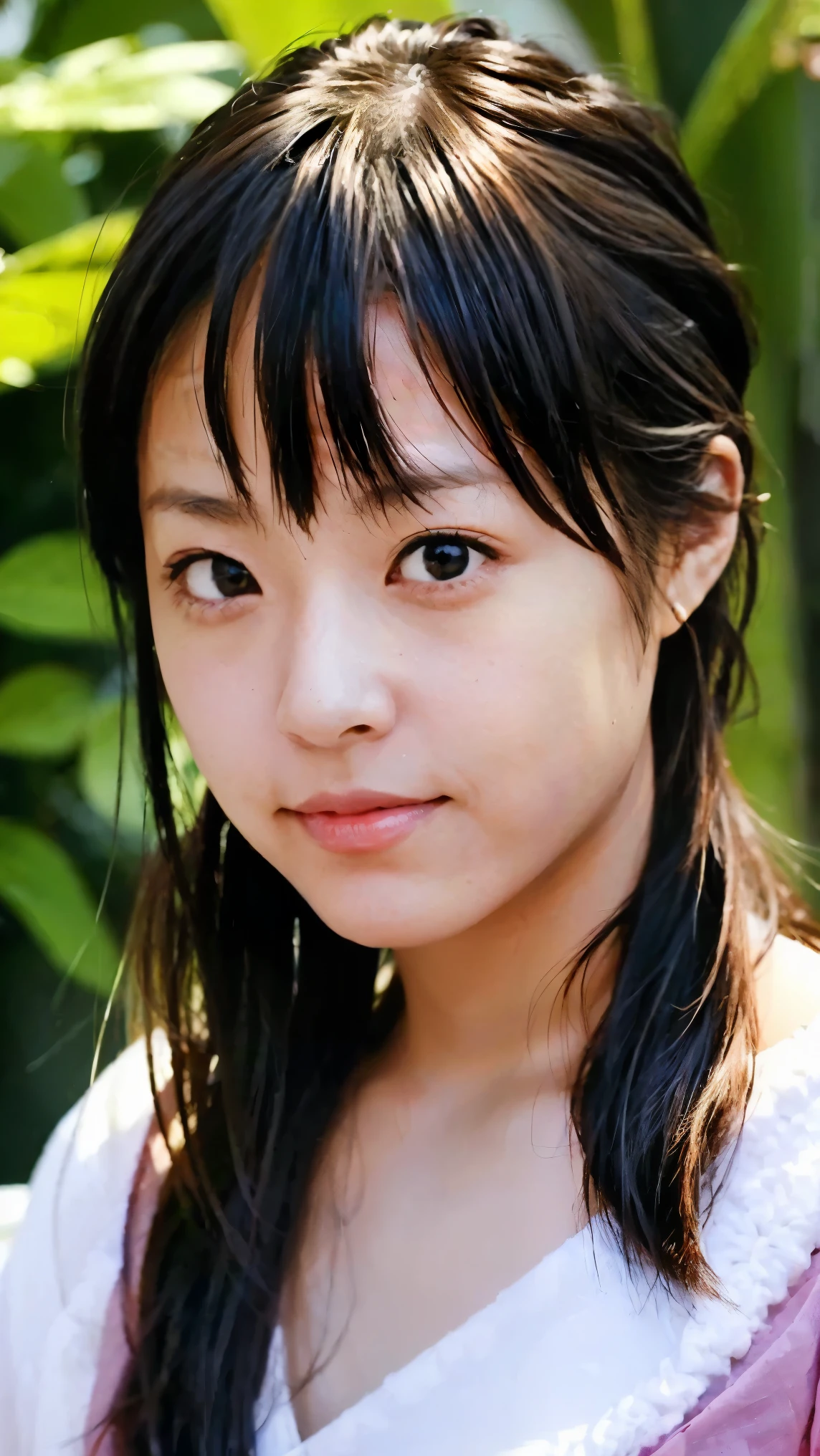 A close up of a young woman with long hair and a pink shirt - SeaArt AI