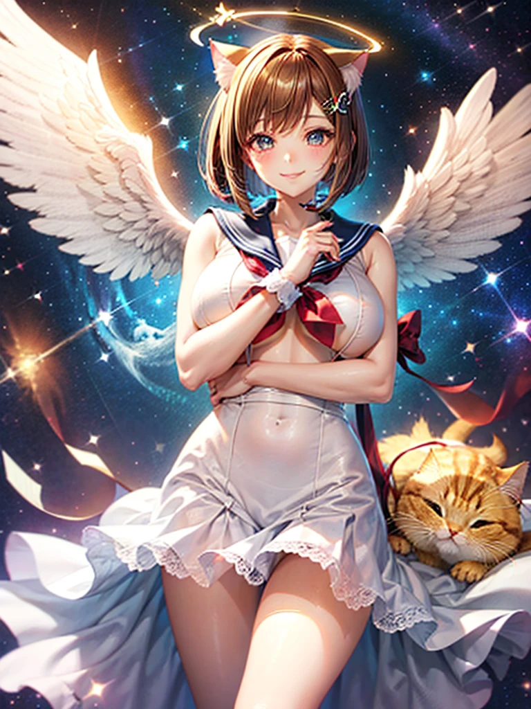 A beautiful smiling girl in a sailor suit,Halation,Cat ear,Brown hair short bob,front,Very beautiful eyes,universe,Milky Way,White angel wings on your back,Big Breasts,(((Halo))),