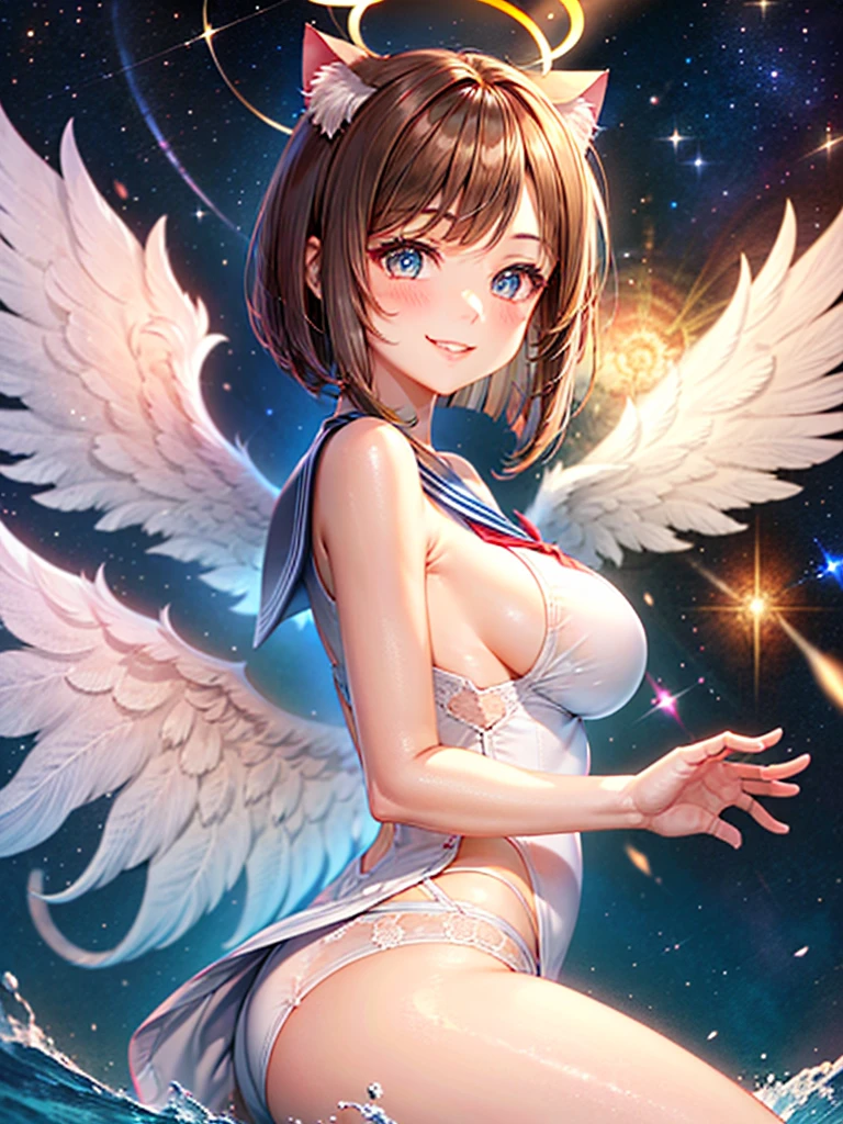 A beautiful smiling girl in a sailor suit,Halation,Cat ear,Brown hair short bob,front,Very beautiful eyes,universe,Milky Way,White angel wings on your back,Big Breasts,(((Halo))),