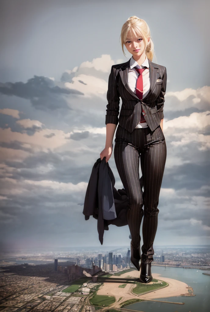 Young adult women beautiful curves a massive thighs blonde hair in a ponytail lipstick wearing a perfect perfect tailored grey pinstriped trouser suit and blazer, crisp white shirt and large broad red windsor knot tie,colossal breasts. Platform high heels , standing, giantess art, tie bar, highly detailed giantess shots, giantess, most detailed, perfect face, Two legs, Five fingers, short hair, A girl who is bigger than a skyscraper, standing on very small city new york, skyscarpers at their feet, skyscrapers small, smile, huge breasts, major metropolis, numerous cities, , A very small big city, Miniature metropolis, Full body description, GTS, giga giantess, gigagts, stomping city, crash city, tiny city, micro city, , High resolution, highest quality, masterpiece,  tiny destroyed skyscrapers city, illustration, skyscrapers size of small toys standing behind and very far away from city, (masterpiece, best quality, best shadows, best shading, perfect hands, perfect face, cinematic lighting, colorful, ultra-detailed, beautiful photography, character focus, extremely-detailed, photorealistic, hyper photorealism, atmospheric), ), (giantess, stereotypical office boss), (dirty, filthy, unwashed, sweaty, unkempt, happy, tired, exhausted, annoyed), ((walking, mid stride:1.2, stepping down on:1.2, stomping, crush, rampage)), (black patent Louboutin rounded toe pumps, high heels, platform heels), ((,)), ((long ponytail hair with front bangs)), (high altitude photography, satellite view), (curvy, , heaving bosom, legs), (mega city, urban sprawl, and small towns, buildings, roads), (((cloudy, overcast, clouds and atmosphere partly obscuring the subject:1.2, hazy atmosphere, haze in foreground, wispy clouds))) footprints warzone 