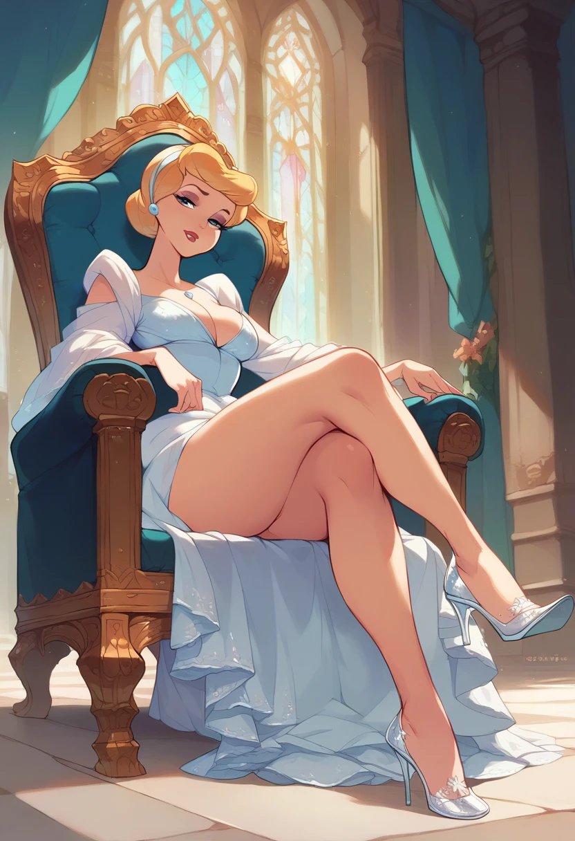 Cinderella from Disney, Fashion shot, too short white dress, sit on a throne, no panties, Cristal transparent glass high heels shoes, crossed legs, nude ass, deep cleavage dress, arms resting on armchair 