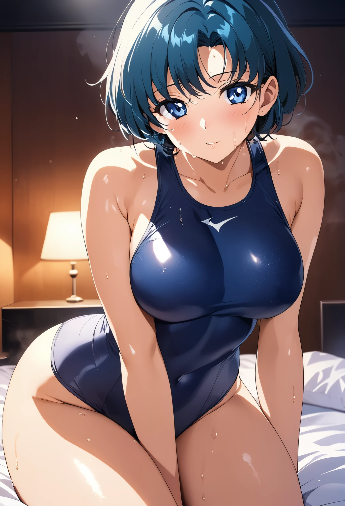 masterpiece, Highest quality, High resolution, (mizuno　which),1990s \(style\),Navy school swimsuit、(C cup beautiful breasts)、 (tall:1.2),height: 160cm,Fashion model body type、Sweating all over the body、vapor、Hosomi、(sexly)、1girl,fullbody,nsfw,Face writhing in pleasure、The whole body is covered in sex fluids、Sweaty、Configuration from the front、vulgarity、Semen splattered on face、Anime-style painting style,Blue Hair、Short Hair、Composition focusing on the upper body,Cinematic lighting,Ultra-fine,magnificent view、The background is a bed in a love hotel